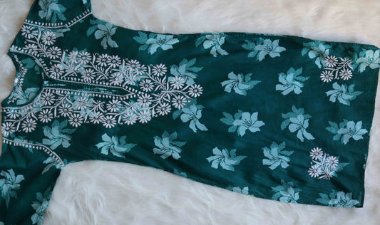 Mehnoor Dark Green Floral Long Muslin kurta