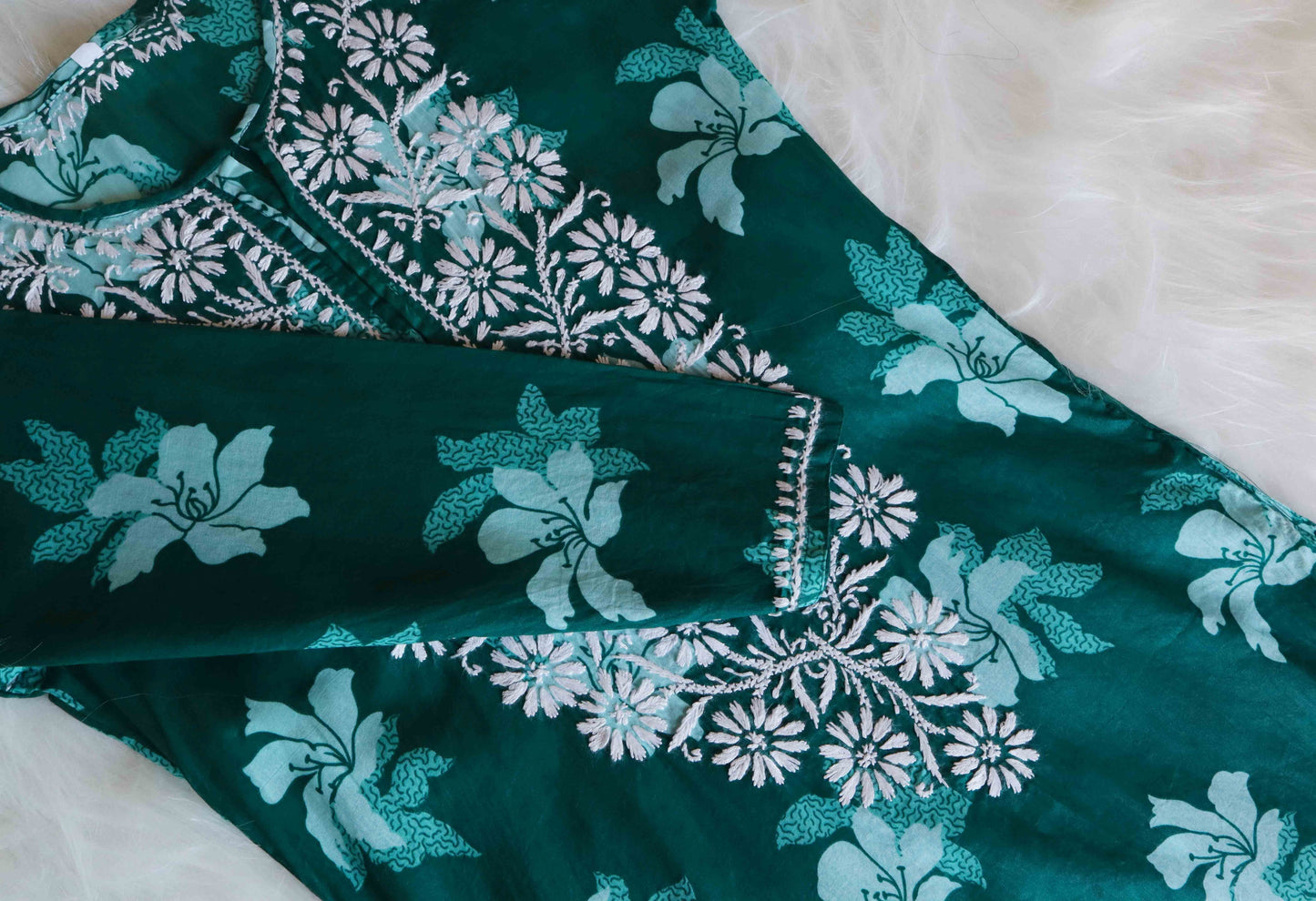 Mehnoor Dark Green Floral Long Muslin kurta