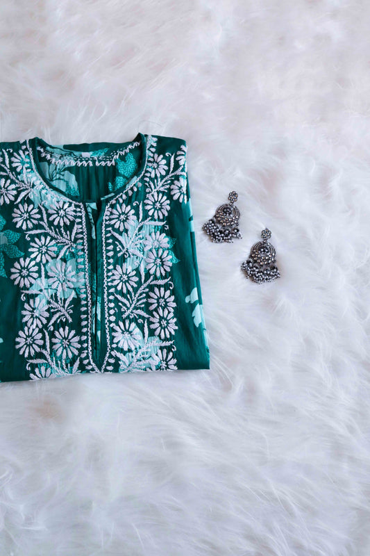 Mehnoor Dark Green Floral Long Muslin kurta
