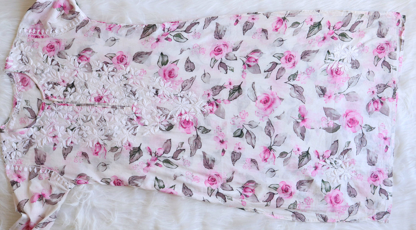 Kasha White & Pink Floral Long MulMul kurta