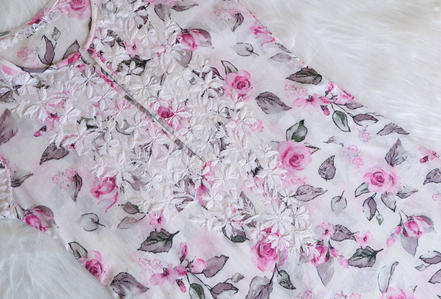 Kasha White & Pink Floral Long MulMul kurta